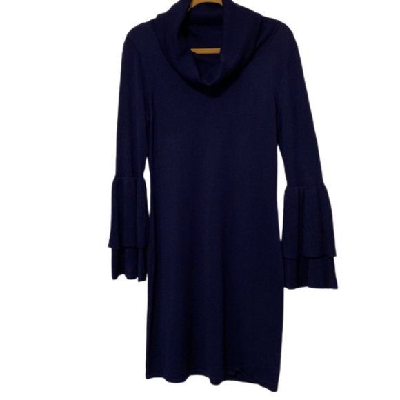 Nina Leonard Dresses & Skirts - Nina Leonard Dark Blue Sweater Dress Tiered Ruffle Sleeves Cowl Neck Midi size M